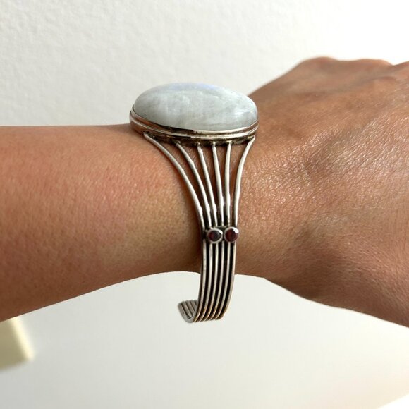 Sterling Silver Wide Bold White Stone Red Garnet Cuff Bracelet Marked 925 - Picture 8 of 14